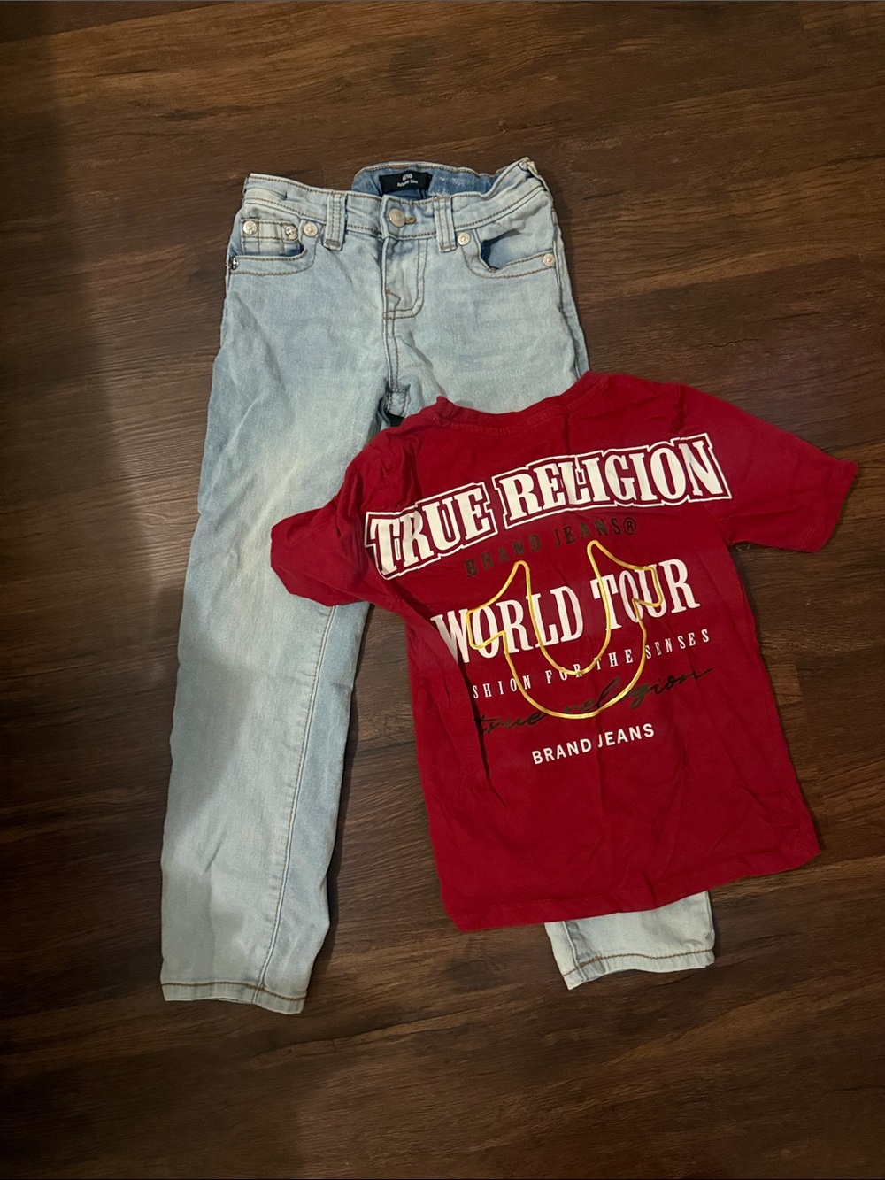 True Religion Red Graphic Tee with Light Wash Skinny Jeans